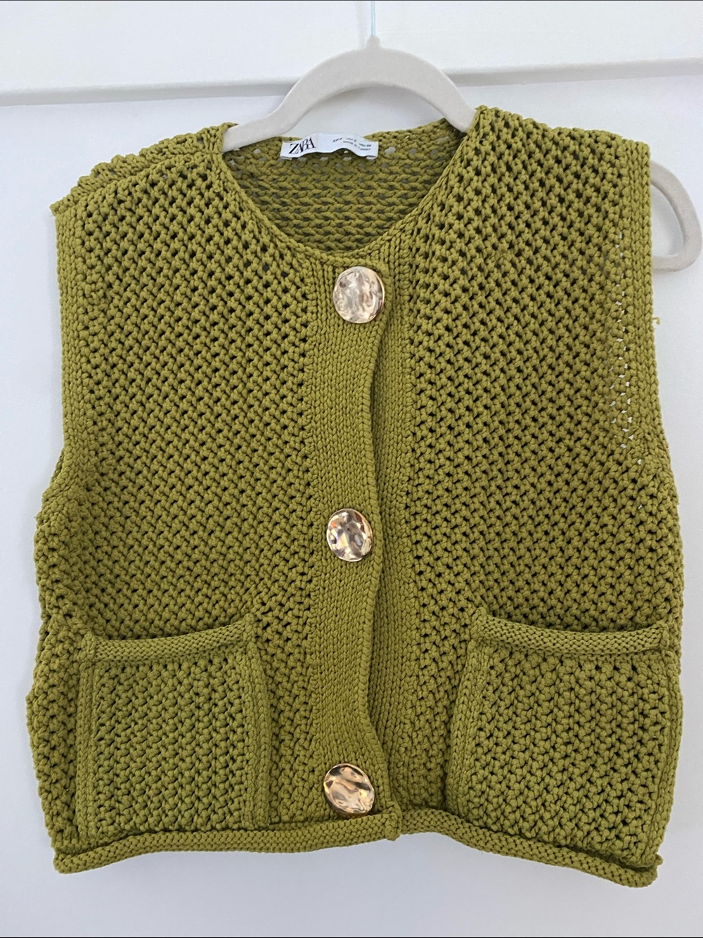 Zara Olive Green Knitted Button Vest with Pockets